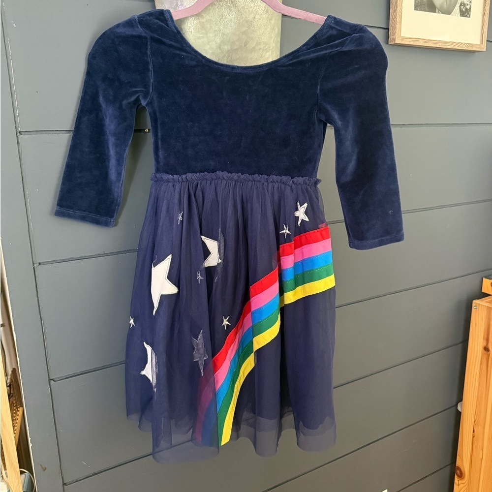 Mini Boden Velvet Bodice Tulle Dress in College Navy Rainbow 7-8 NWT